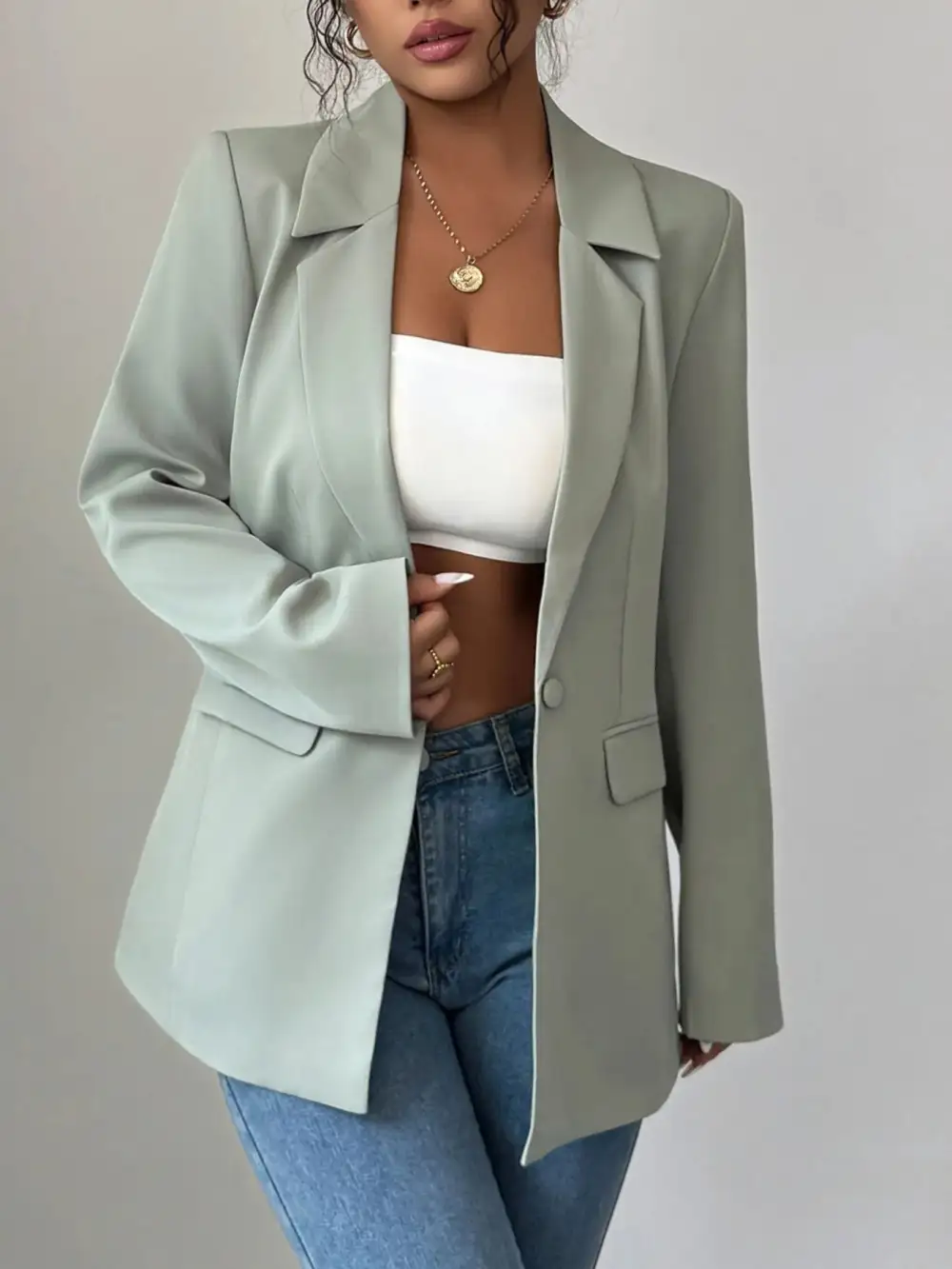 Streamlined Single-Button Lapel-Collar Blazer