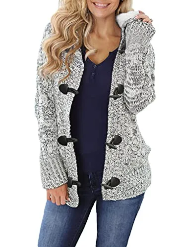 Women Hooded Knit Cardigans Button Cable Sweater Coat