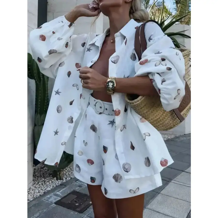 Simple Printed Button Up Shirt and Shorts Set