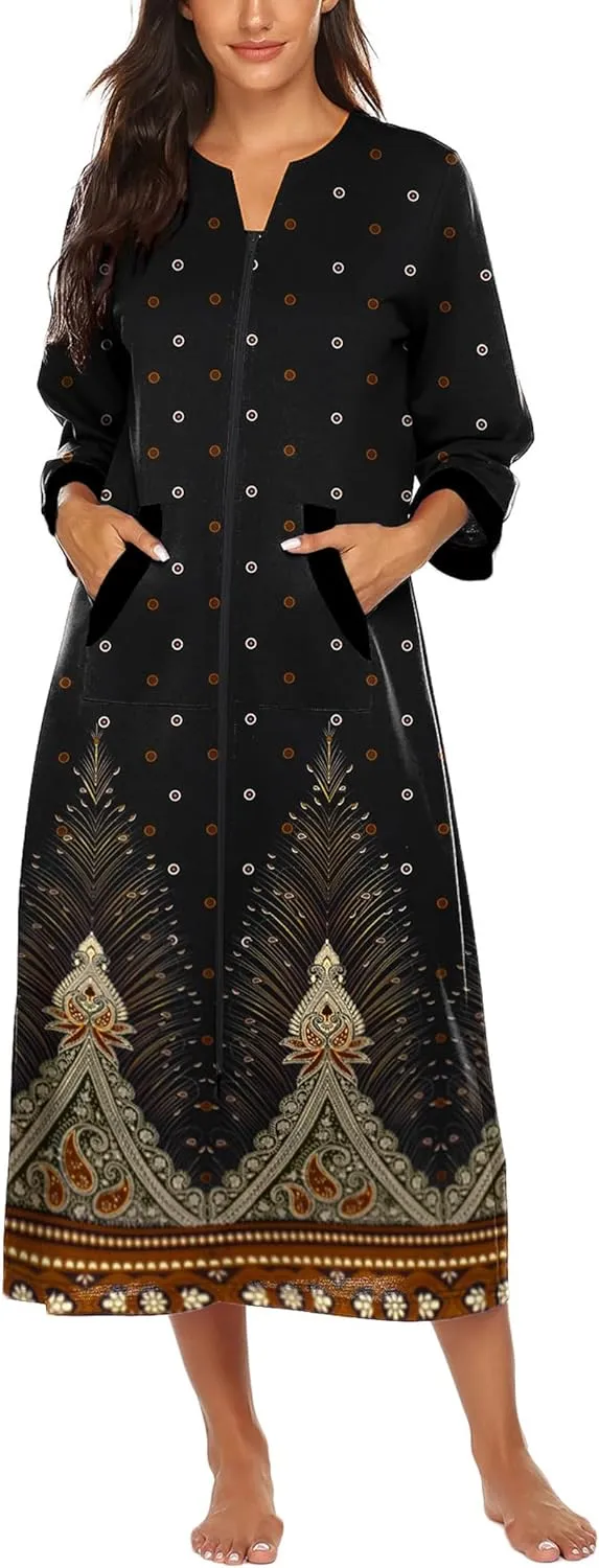 50% OFF Women Zipper Robe 3/4 Sleeves Loungewear Dress Full Length Sleepwear Pockets Housecoat Nightgown Long Bathrobe