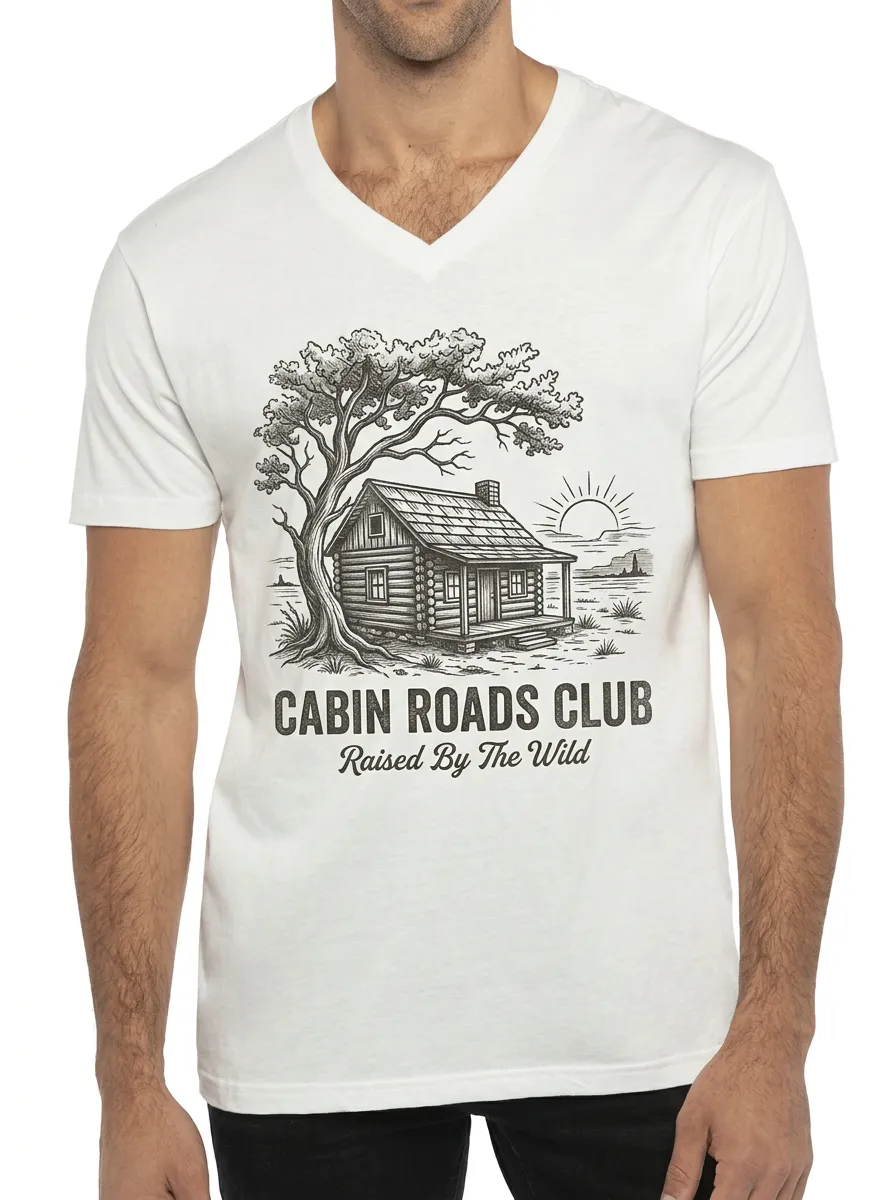 Men's Nature Lover Cabin Roads Club Tree Cabin Printed V-neck T-shirt