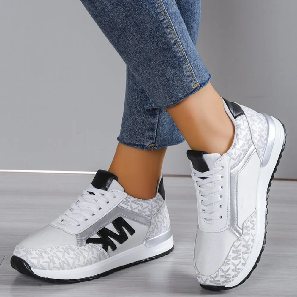 Textured Contrast Lace Up Round Toe Sneakers