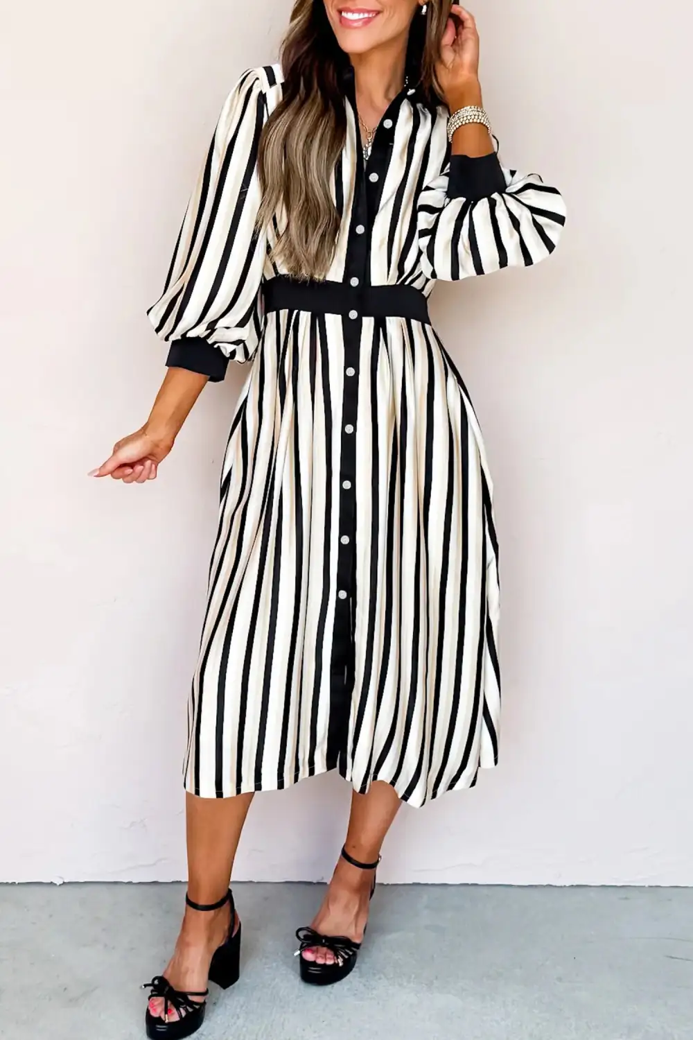 Stripe Puff Sleeve Shirt Down Midi Dress