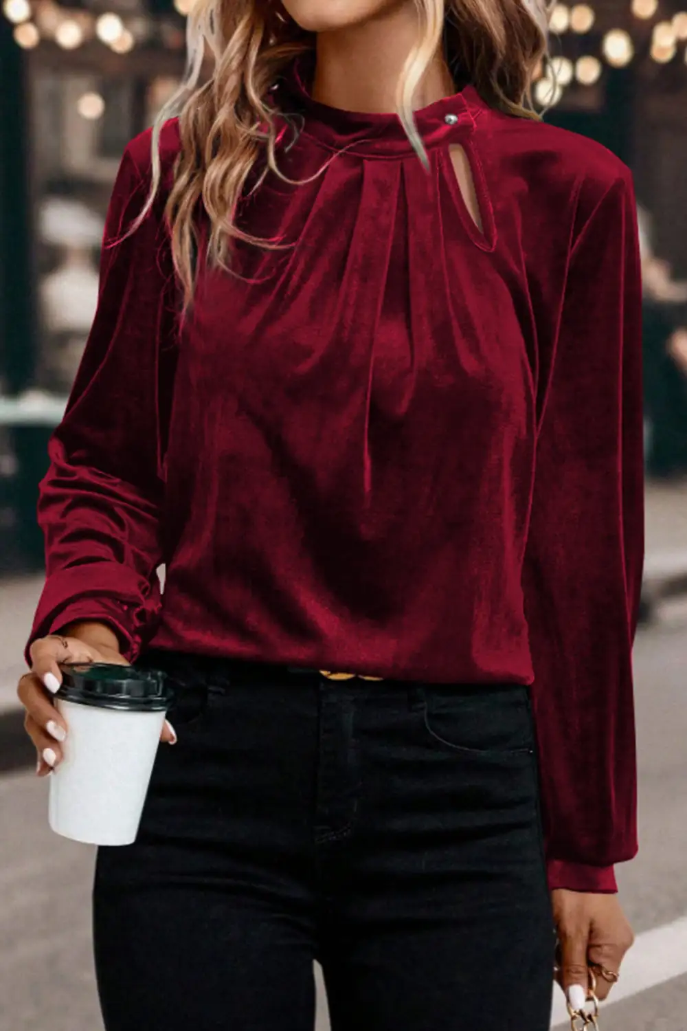Velvet Long Sleeve Button Front Blouse
