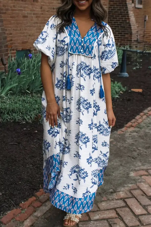 Print Contrast Boho Patchwork V Neck Loose Midi Dress