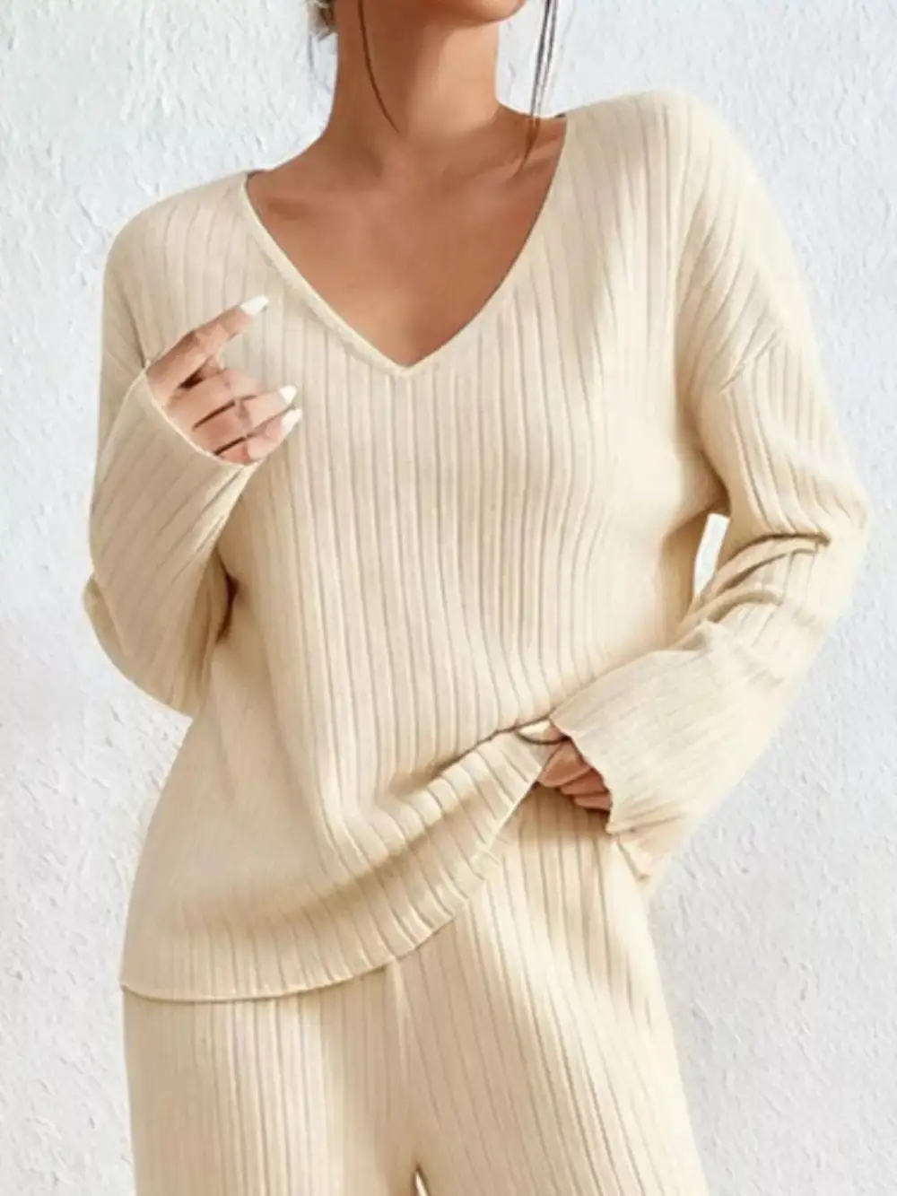 Ribbed Knit V Neck Top and Pants Set