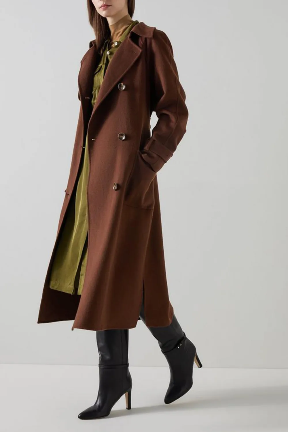 Brown Long Line Double Breasted Trench Coat