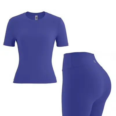 Women'S Solid Round Neck Tee & High Waist Biker Shorts Tracksuit Set, Crew Neck Short Sleeve T-Shirt & Skinny Shorts, Gym Clothes, Tracksuits For Ladies, Casual Sportswear For Indoor Outdoor Wear, Gym