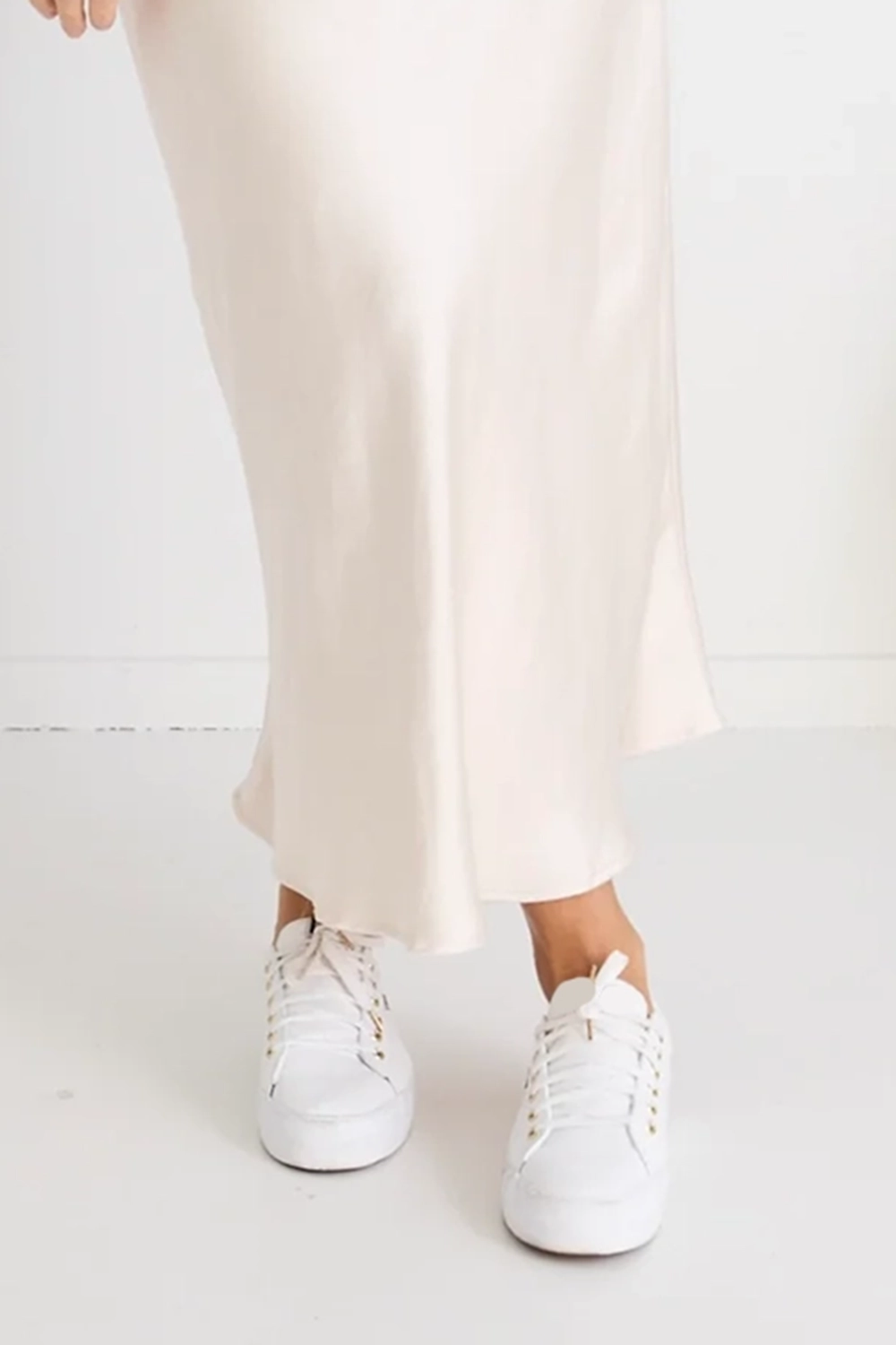 White Satin Asymmetric Midi Skirt