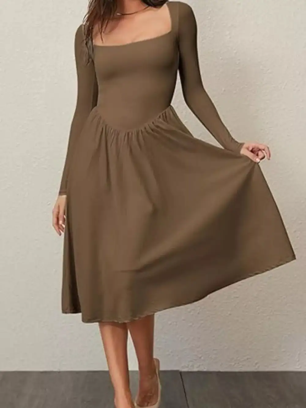 Square Neck Long Sleeve Midi Dress