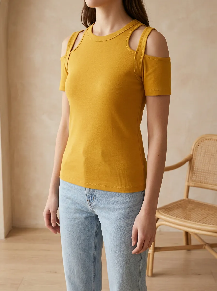 Women's Mustard Yellow Cold Shoulder Cutout Short Sleeve Top