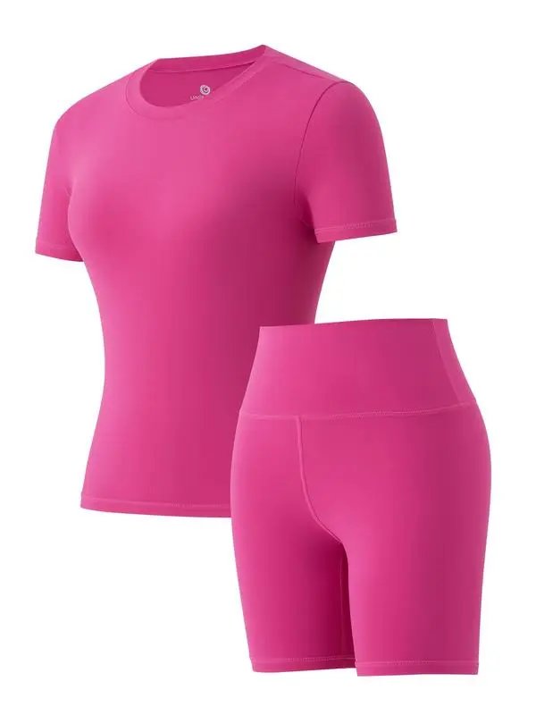 Women'S Solid Round Neck Tee & High Waist Biker Shorts Tracksuit Set, Crew Neck Short Sleeve T-Shirt & Skinny Shorts, Gym Clothes, Tracksuits For Ladies, Casual Sportswear For Indoor Outdoor Wear, Gym