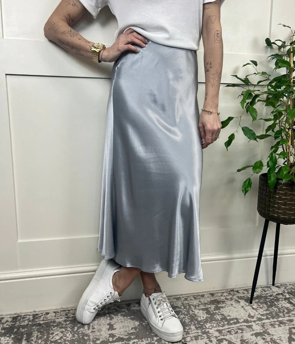 Silver Satin Midi Slip Skirt