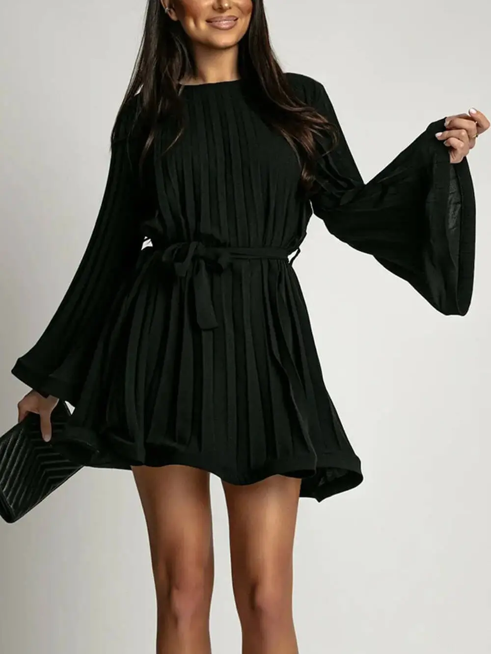 Round Neck Bell Sleeve Tie Mini Dress