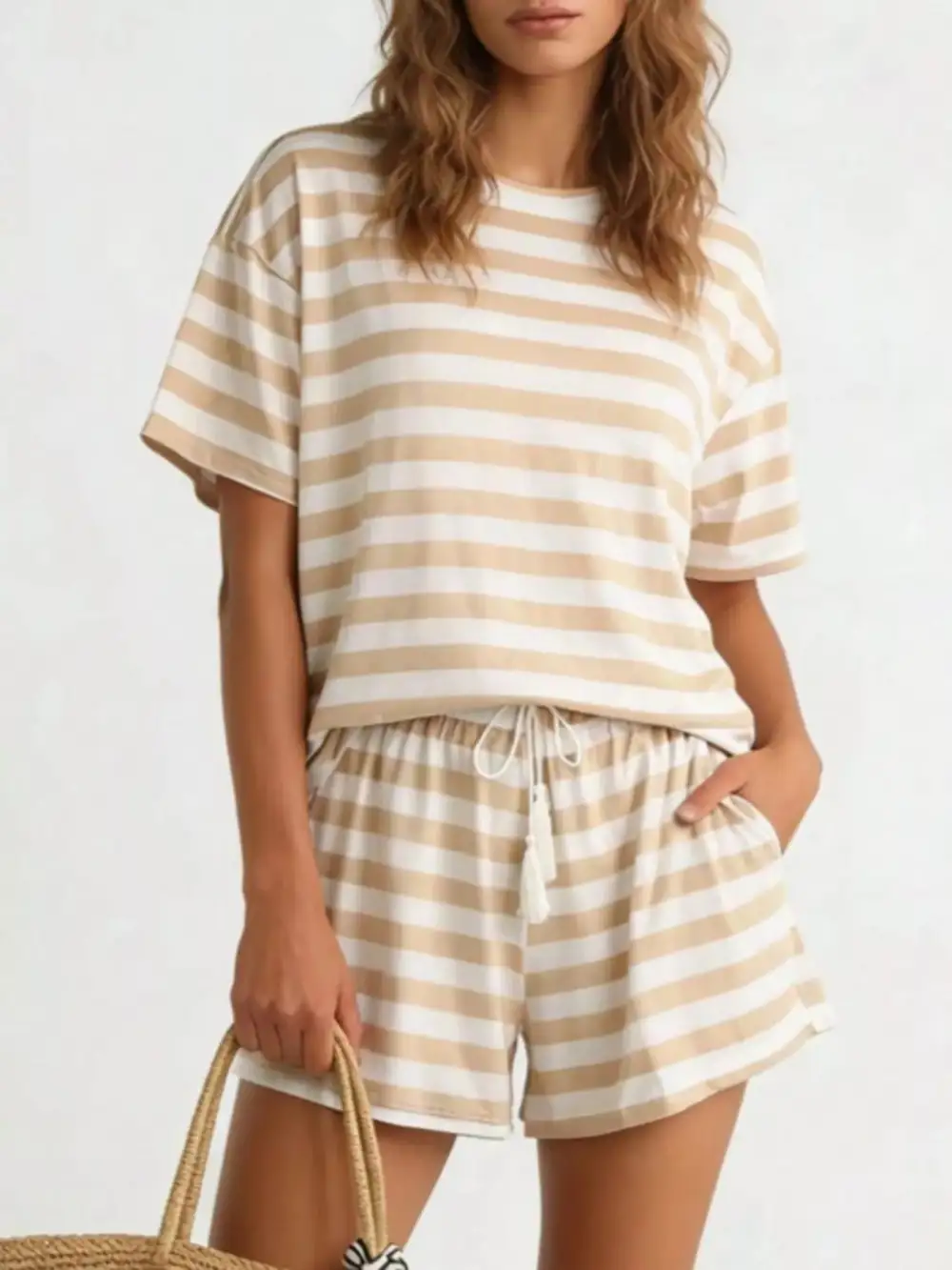 Striped Short Sleeve Tee Drawstring Shorts Set