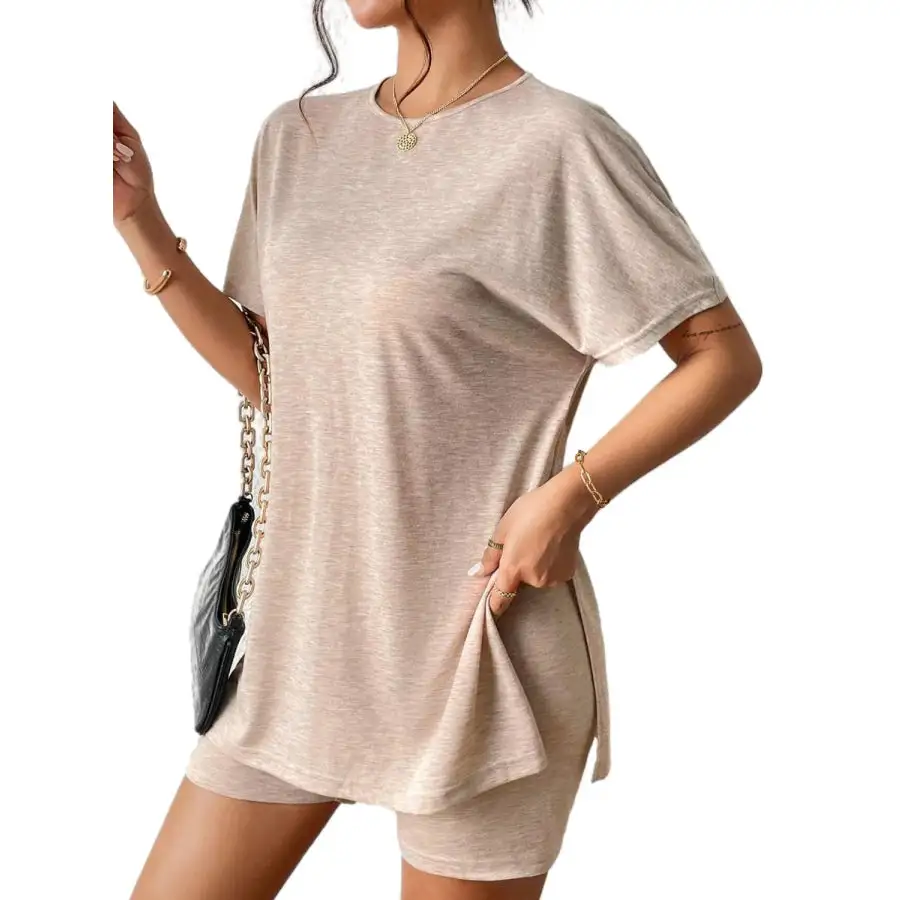 Slit Round Neck Short Sleeve Oversized Top and Shorts Set