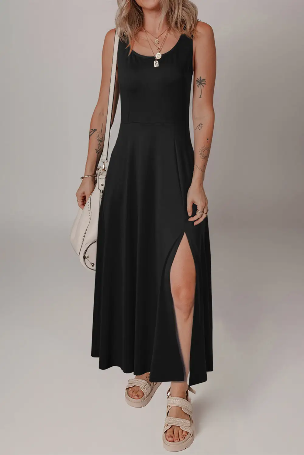 Sleeveless Scoop Neck Split Midi Dress