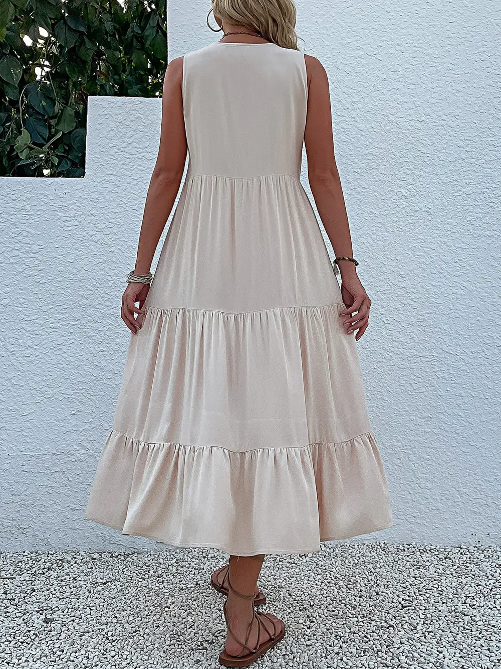 Notch-Neck Buttoned Sleeveless Tiered Midi Dress