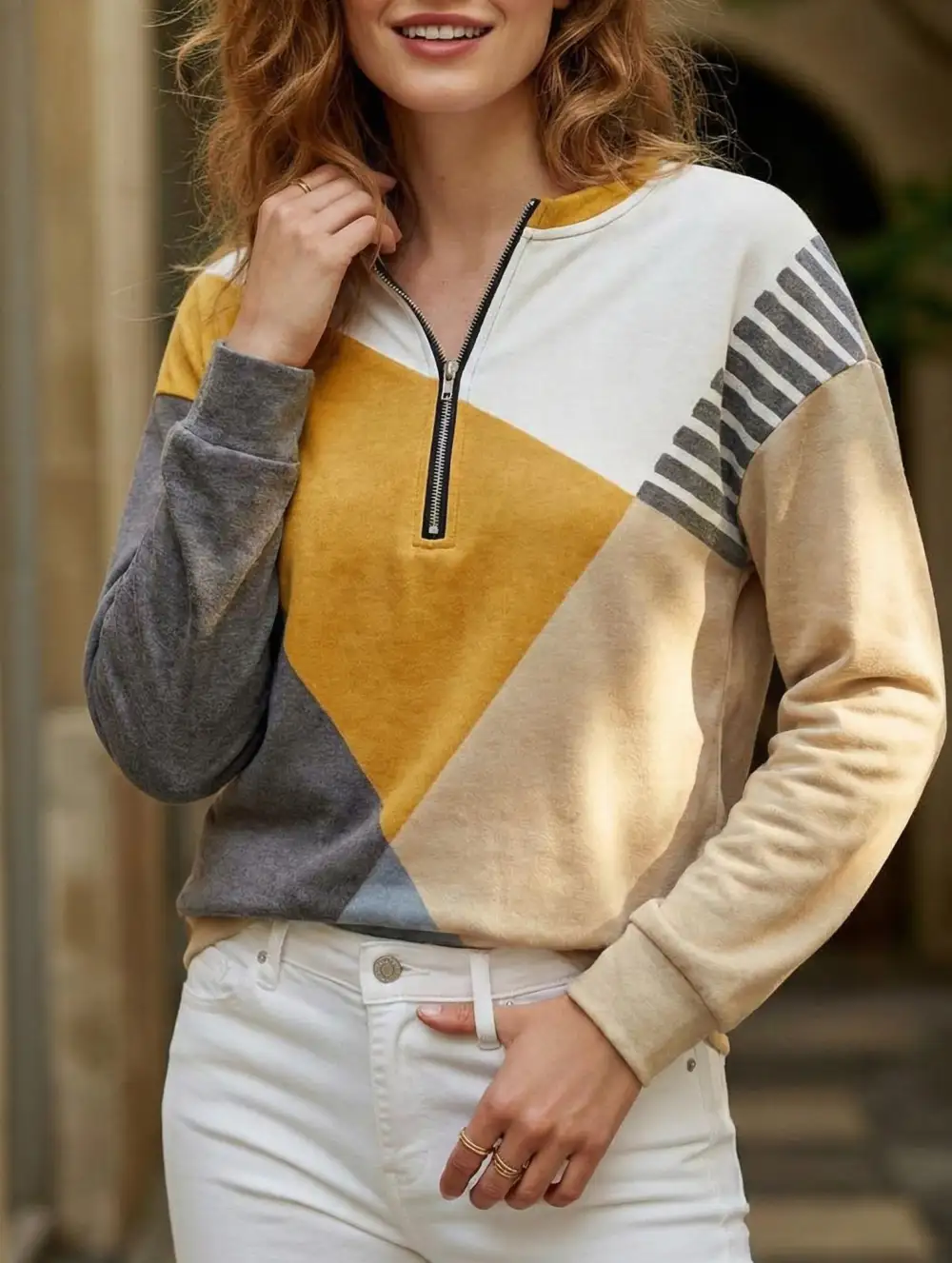 Panel Loose V Neck Sweatshirt