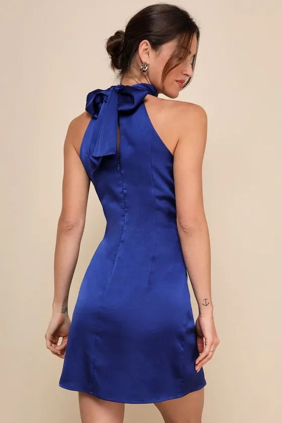 Infinite Admiration Royal Blue Satin Halter Mini Dress