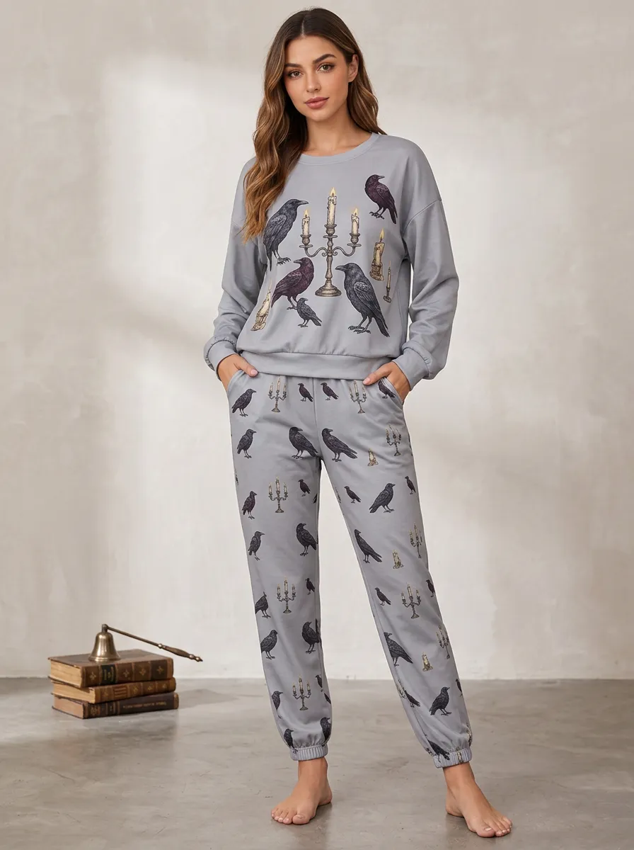 Women's Grey Raven-Candle Sweatshirt & Joggers Two-Piece Set
