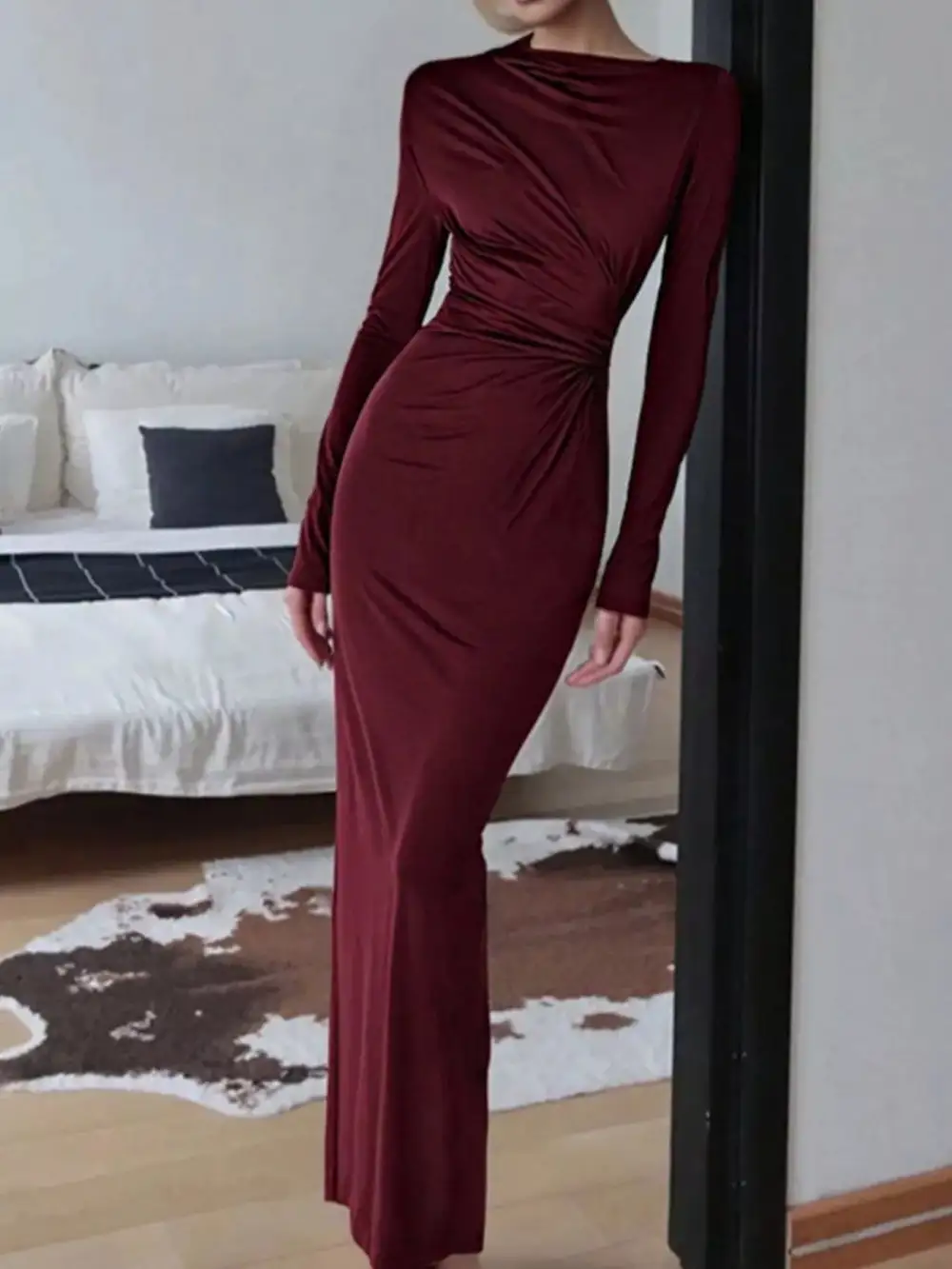 Balanced Detail Ruched Long Sleeve Maxi Dress