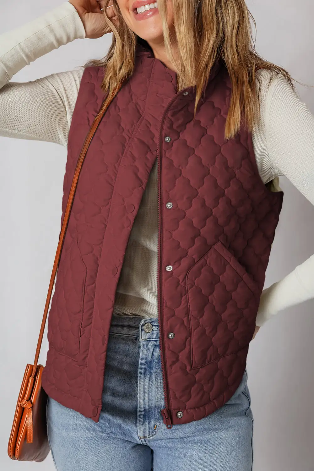 Floral Snap Button Zip Winter Quilted Vest