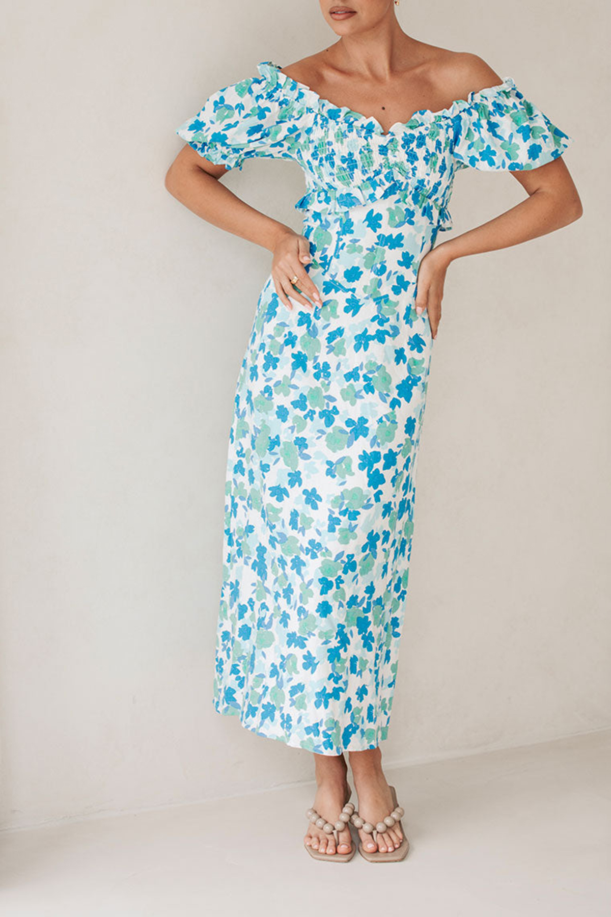 Off Shoulder Floral Print Midi Dress