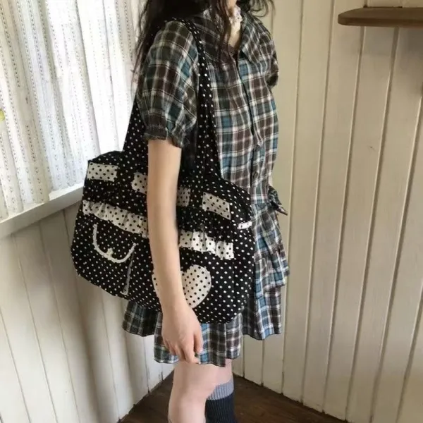 Vintage Polka Dot Heart Canvas Tote Bag for