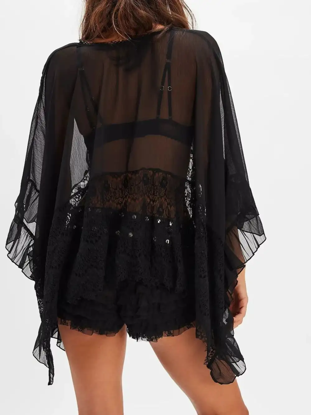 Lace V Neck Ruffle Long Sleeve Swim Cover Up
