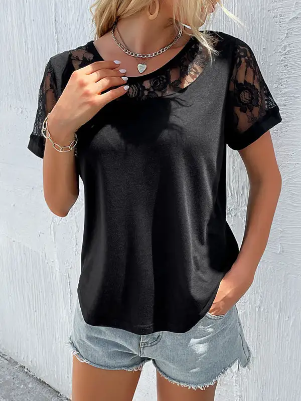 Refined Round-Neck Collared Short-Sleeve Lace-Detail T-Shirt