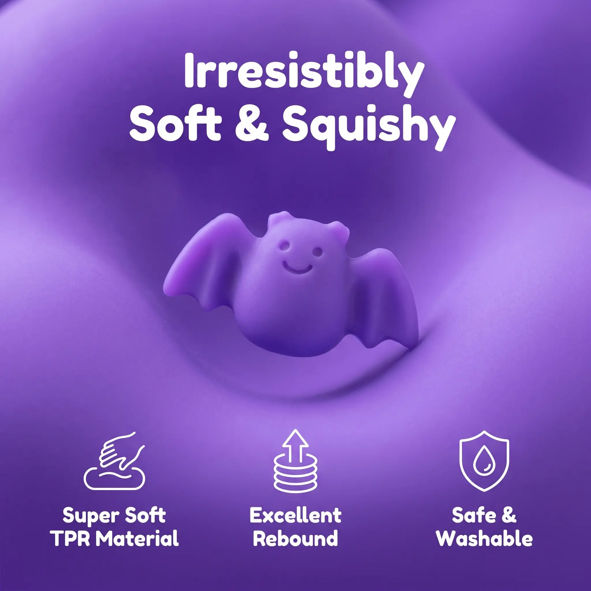 Soft TPR Halloween bat squishy with rebound and washable feature information