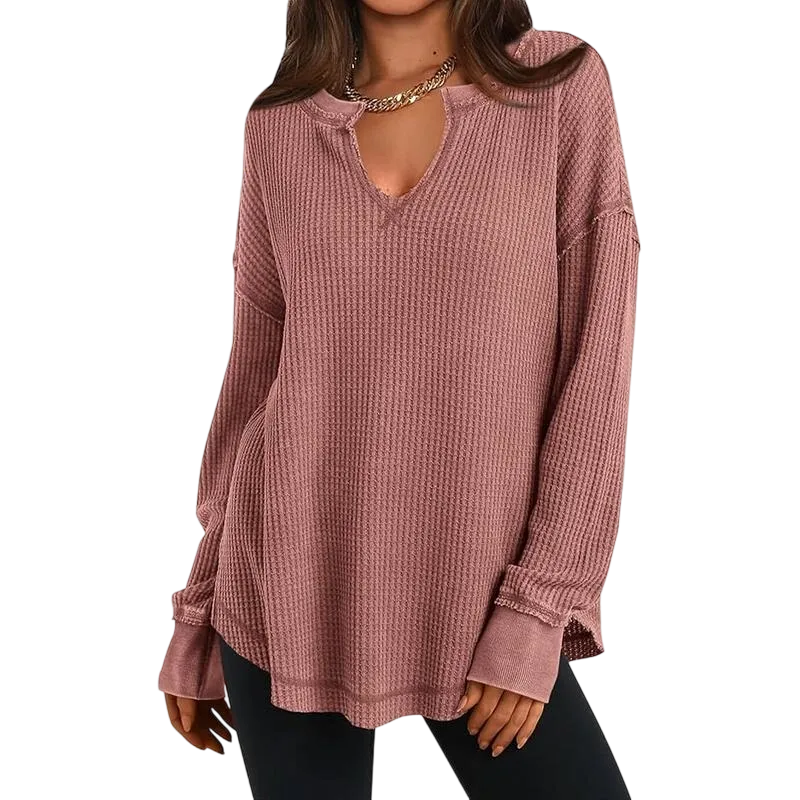 Women‘s Waffle Knit Long Sleeve Casual V Neck Shirts