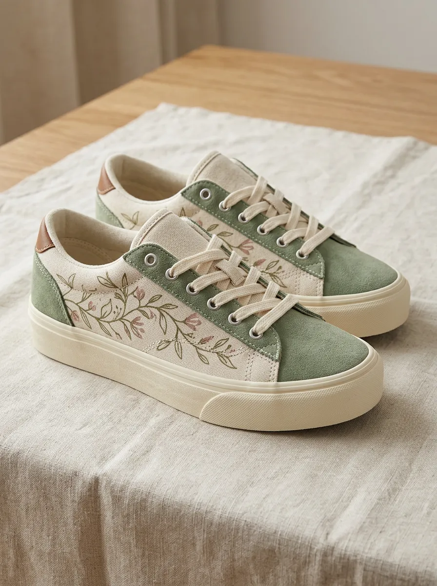 Women's Botanical Floral Sage Green Printed Canvas Shoes