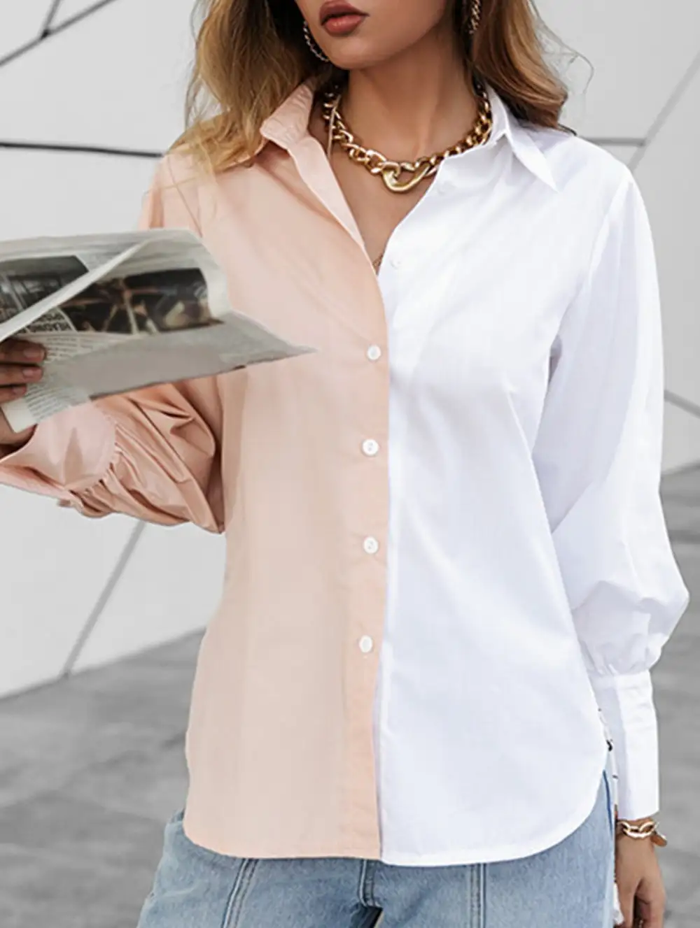 Simple Patchwork Contrast Detail Shirt