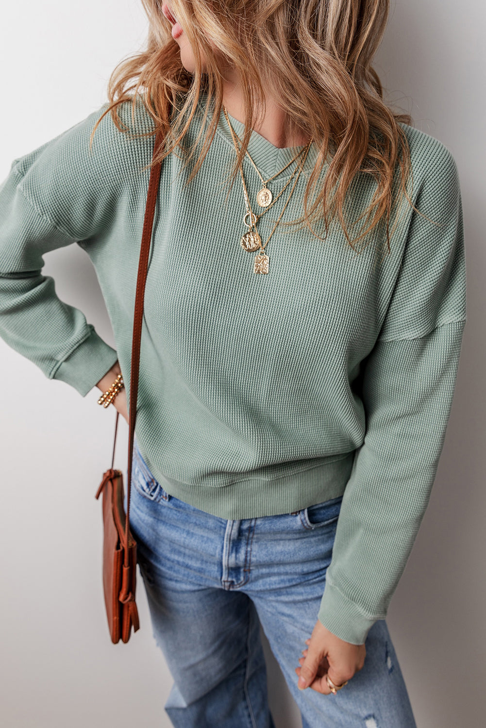Women's Waffle Knit V Neck Drop Shoulder Top