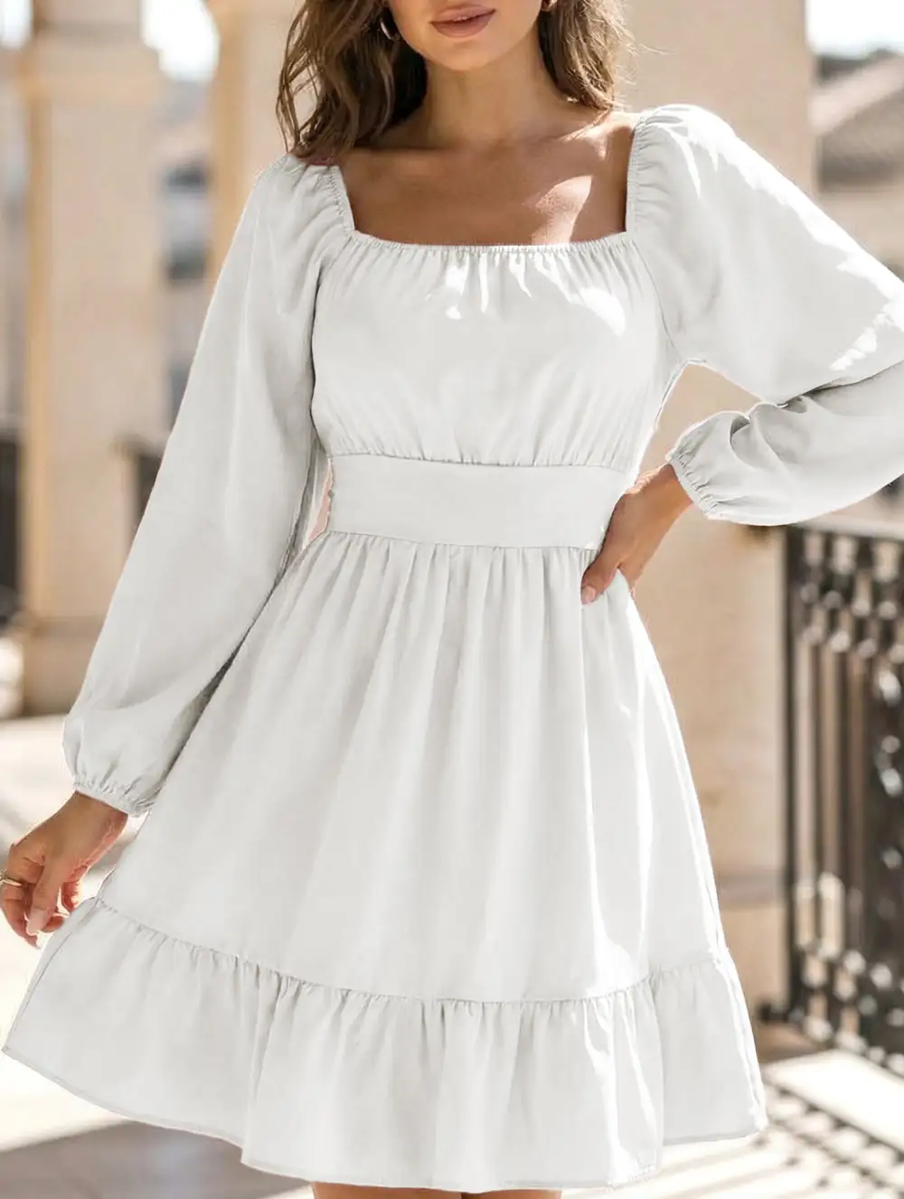 Square Neckline Ruffled Tie Up Short Dress