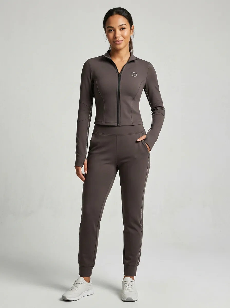 Women's Taupe Full-Zip Track Jacket and Jogger Set