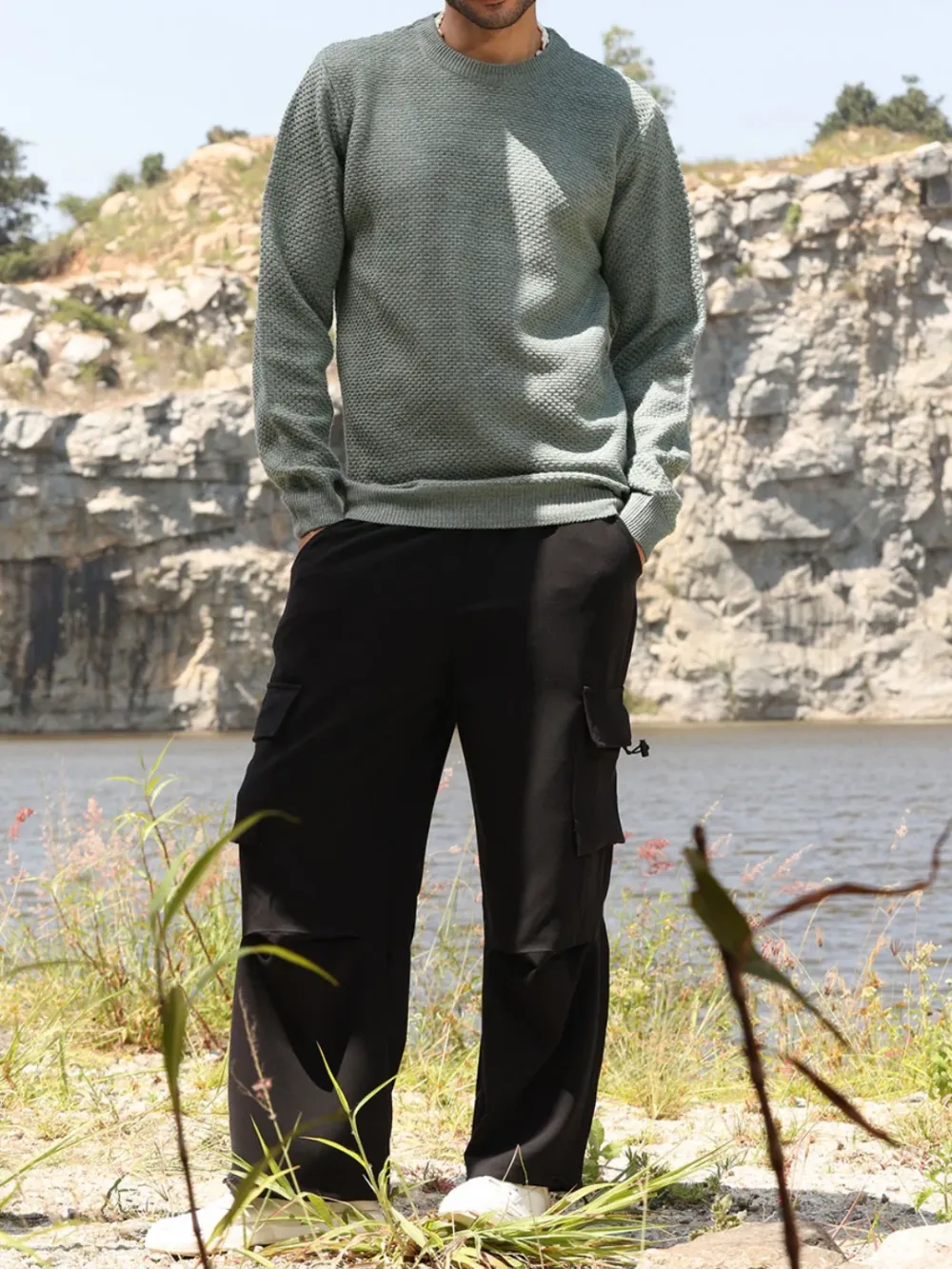 Green Textured Knit Pullover Sweater