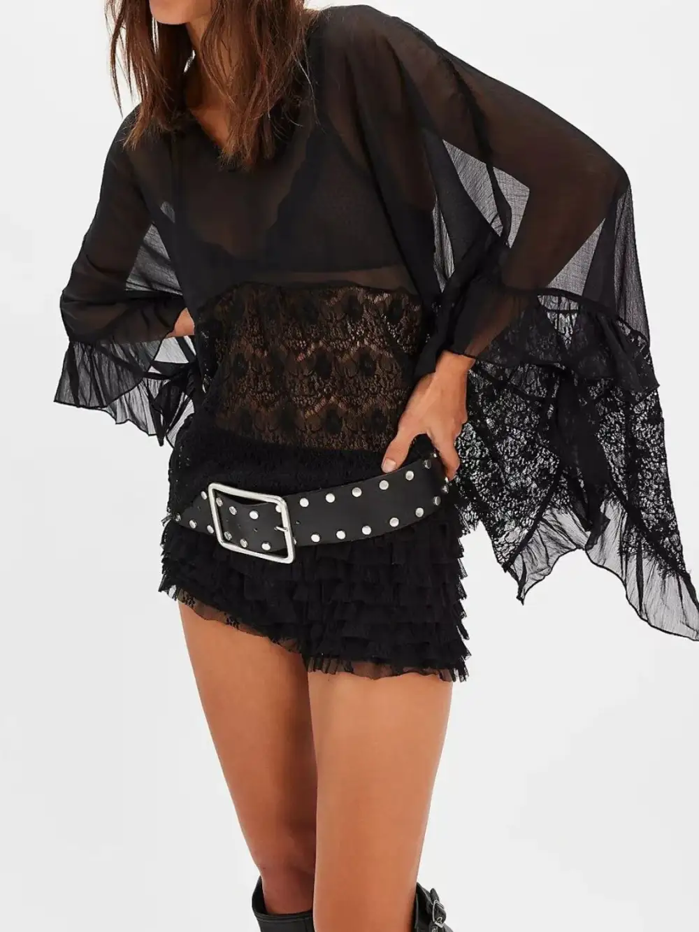 Lace V Neck Ruffle Long Sleeve Swim Cover Up