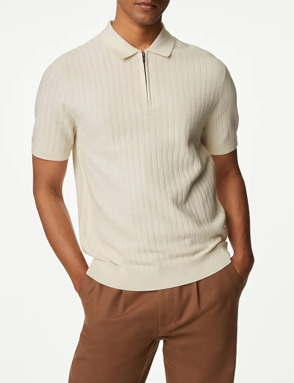 Men's Pink Textured Knit Quarter Zip Polo