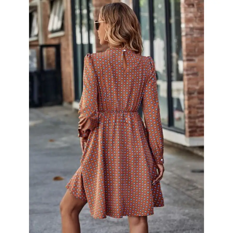 Printed Ruched Mock Neck Long Sleeve Dress