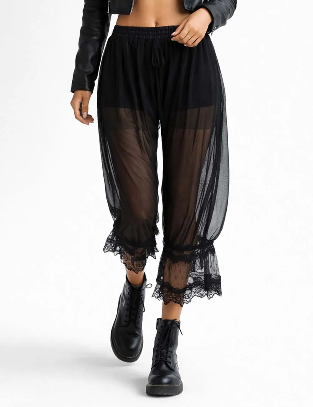 Sheer Lace Trim Bloomer Drawstring Waist Capri Pants