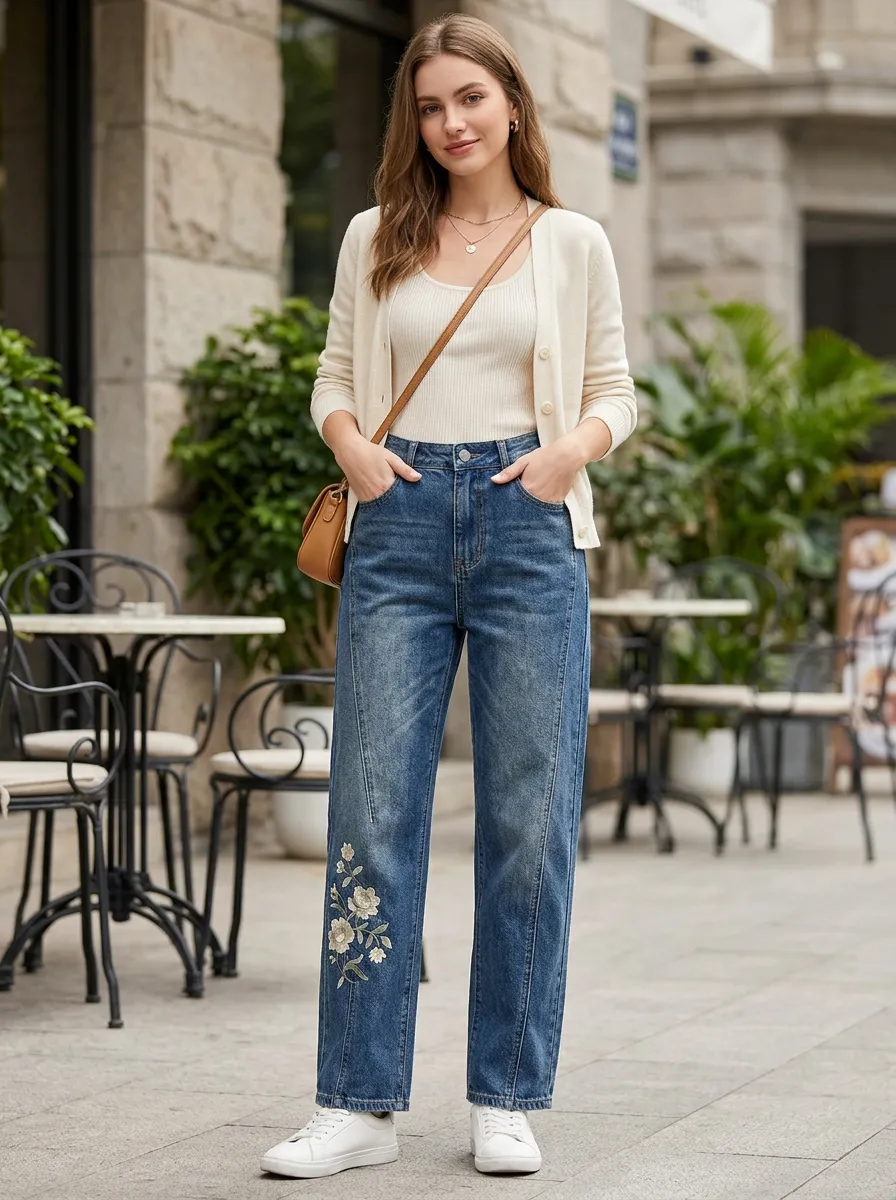 Women's Neutral Floral Wide Leg Jeans