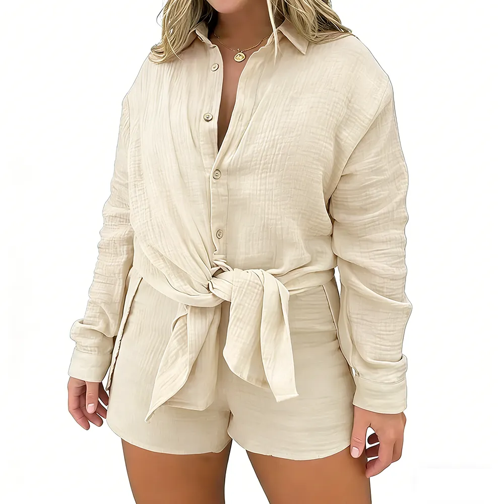 Women 2 Piece Outfits Long Sleeve Blouse and Shorts Sets