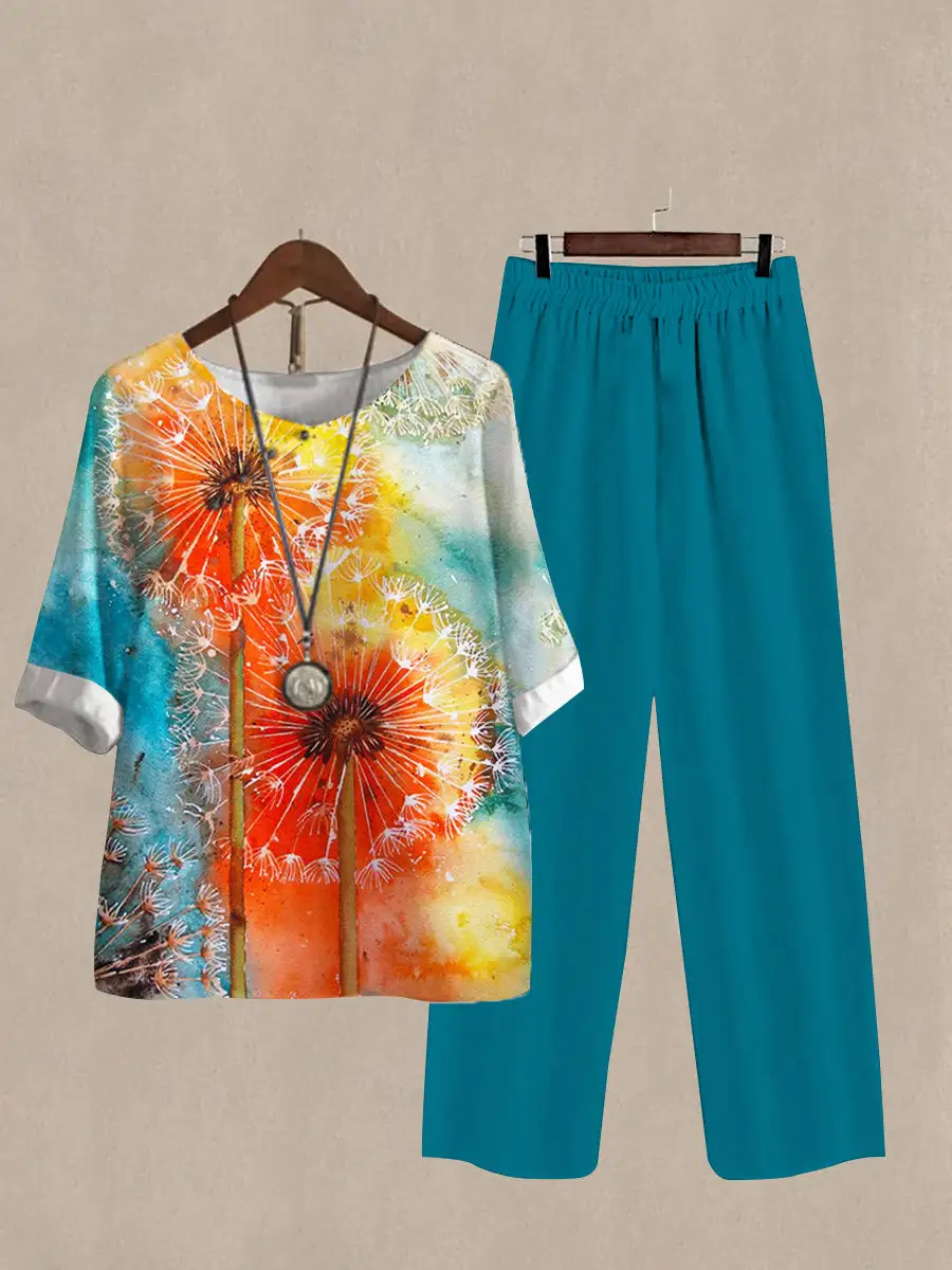 Women's Dandelion Print Half Sleeve Top And Casual Pants Linen Two Pieces