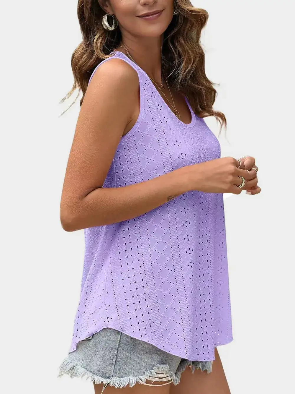 Eyelet Round Neck Tank With Sheer Detail