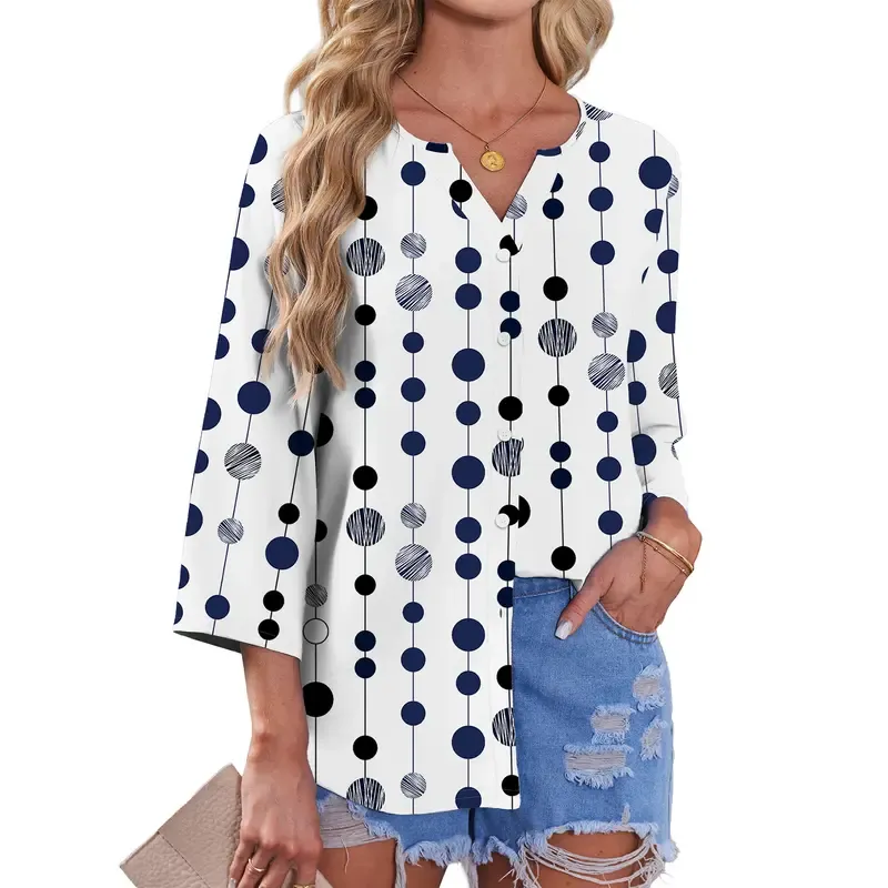 🔥 Women's 3/4 Sleeve V-Neck Button Down Blouse | Loose Fit Casual Tops
