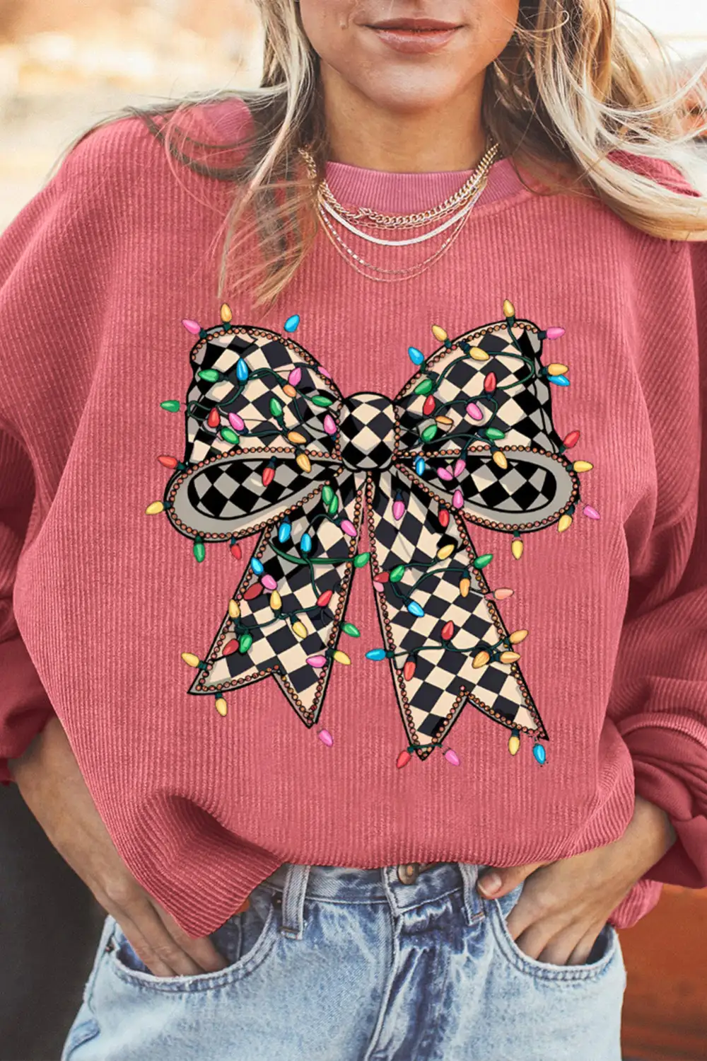 Bow Accent Ribbed Printed Crewneck Sweatshirt