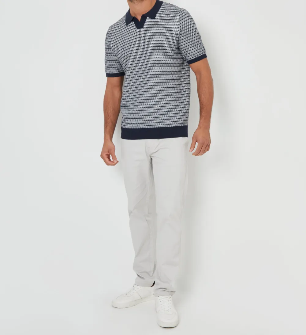 Men's Navy Textured Stripe Knit Open-Collar Polo
